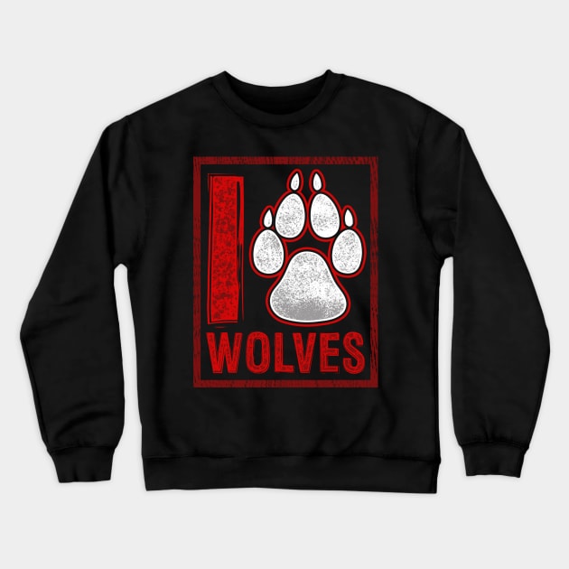 I Love Wolves Paw Print Heart Crewneck Sweatshirt by fizzyllama